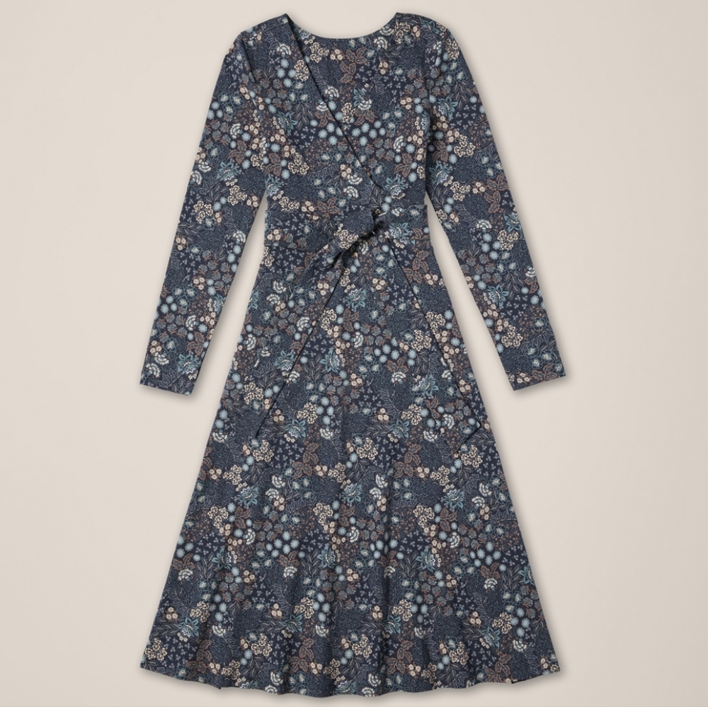 NWOT Pact Organic Fit & Flare Wrap Dress in Mountain Meadow Midnight Blue size M - Picture 4 of 5